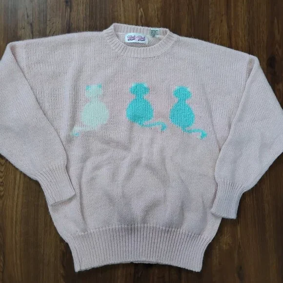 Vintage Back To Back Cats Kittens Crewneck Sweater Jumper - Picture 2 of 6